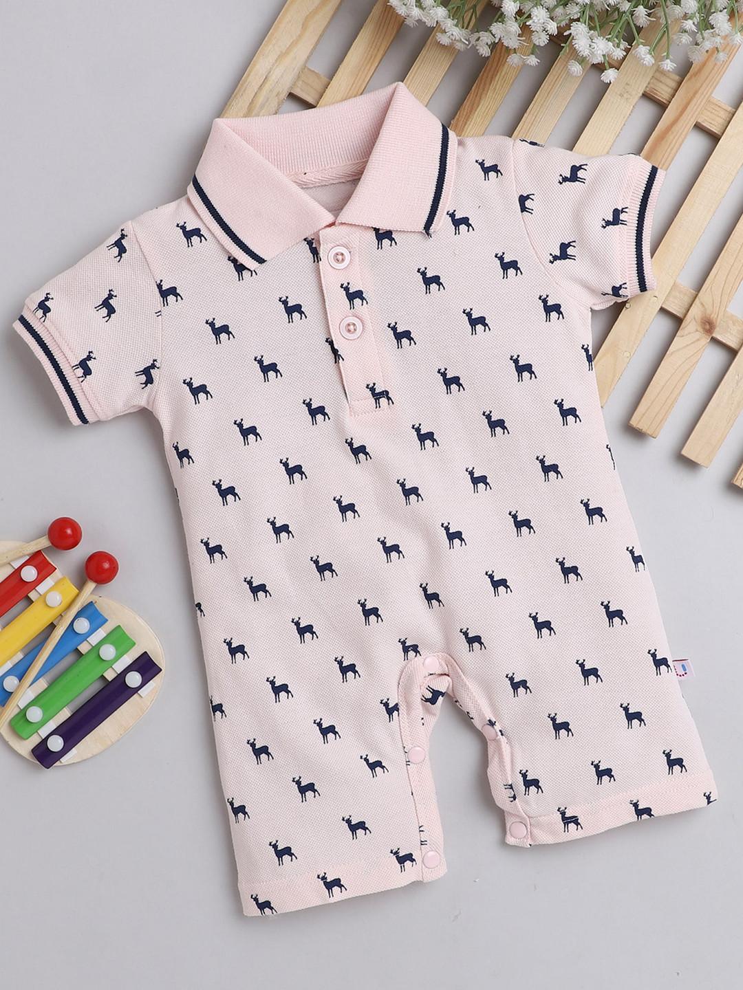 

BUMZEE Infant Boys Pink Printed Cotton Rompers