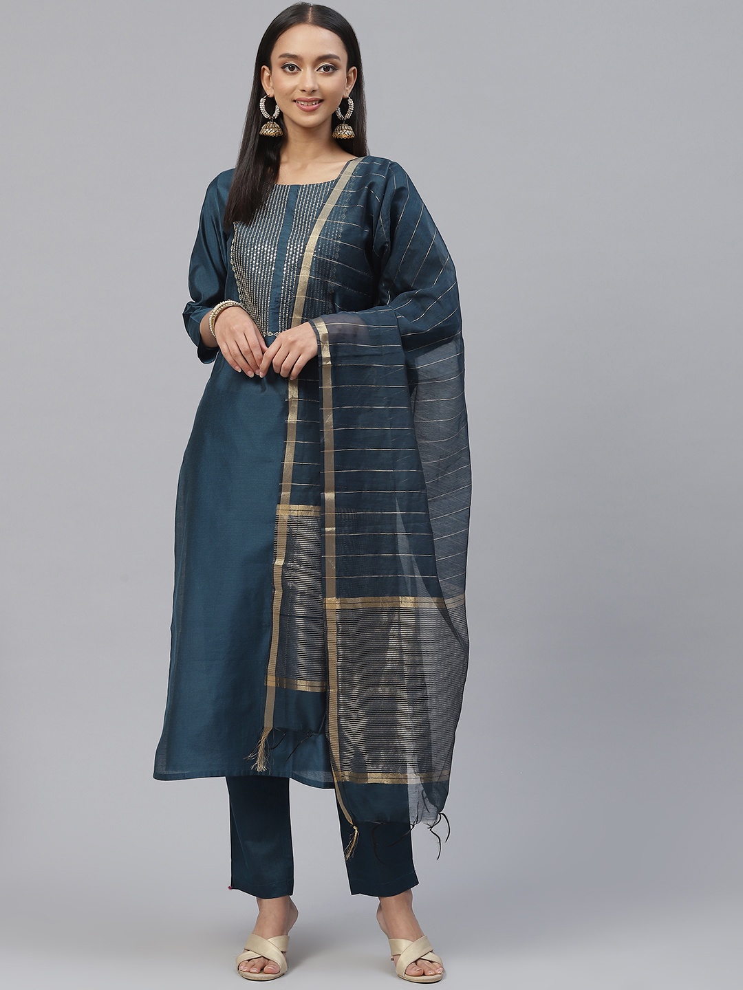 

RAJGRANTH Women Blue Embroidered Sequinned Kurta with Trousers & With Dupatta