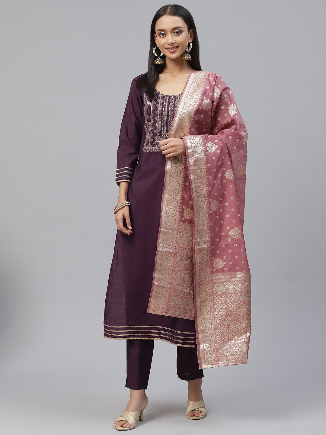 

RAJGRANTH Women Purple Embroidered Sequinned Kurta with Trousers & With Dupatta