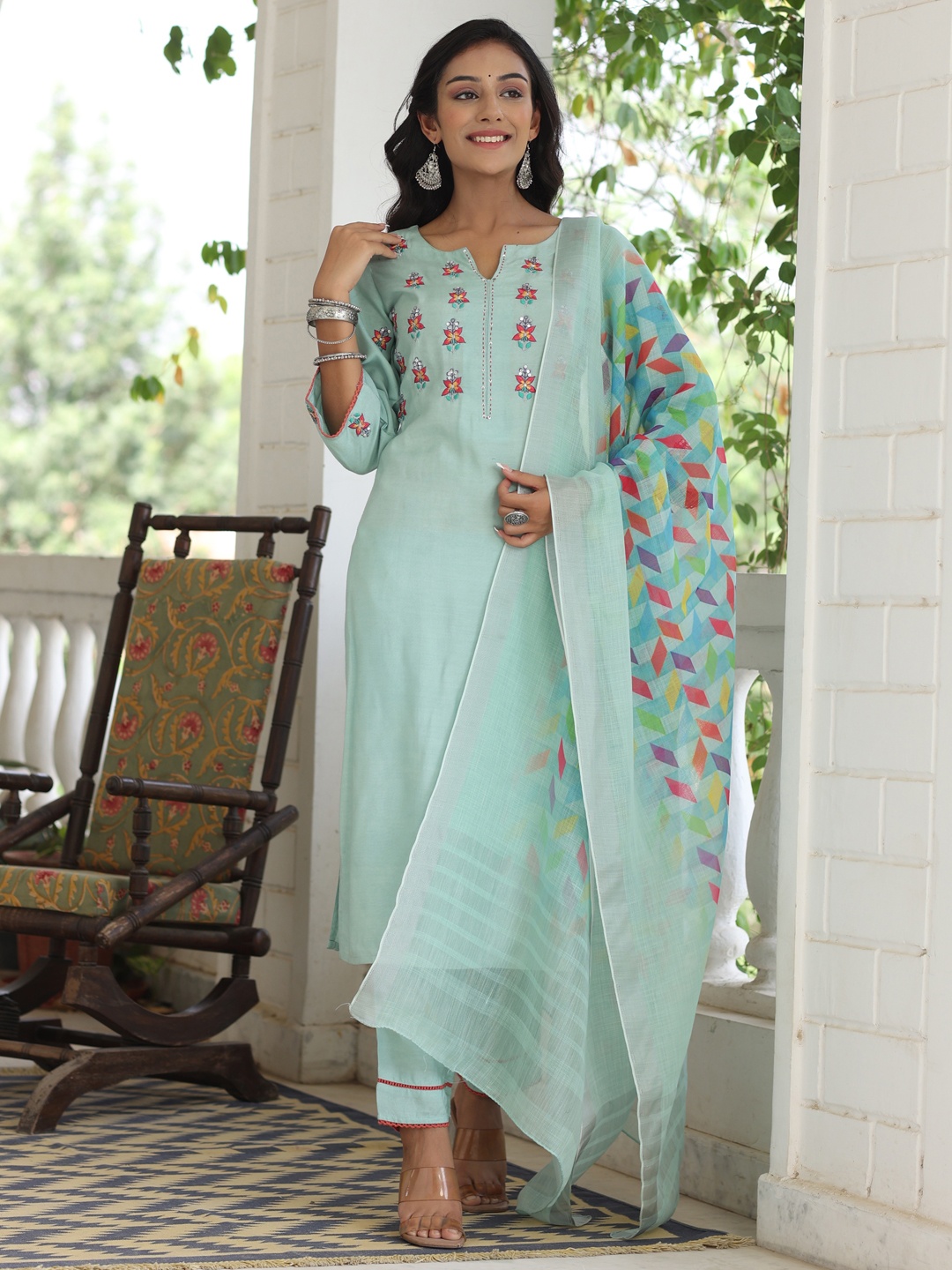 

Jaipur Kurti Embroidered Kurta with Trousers & With Dupatta, Blue