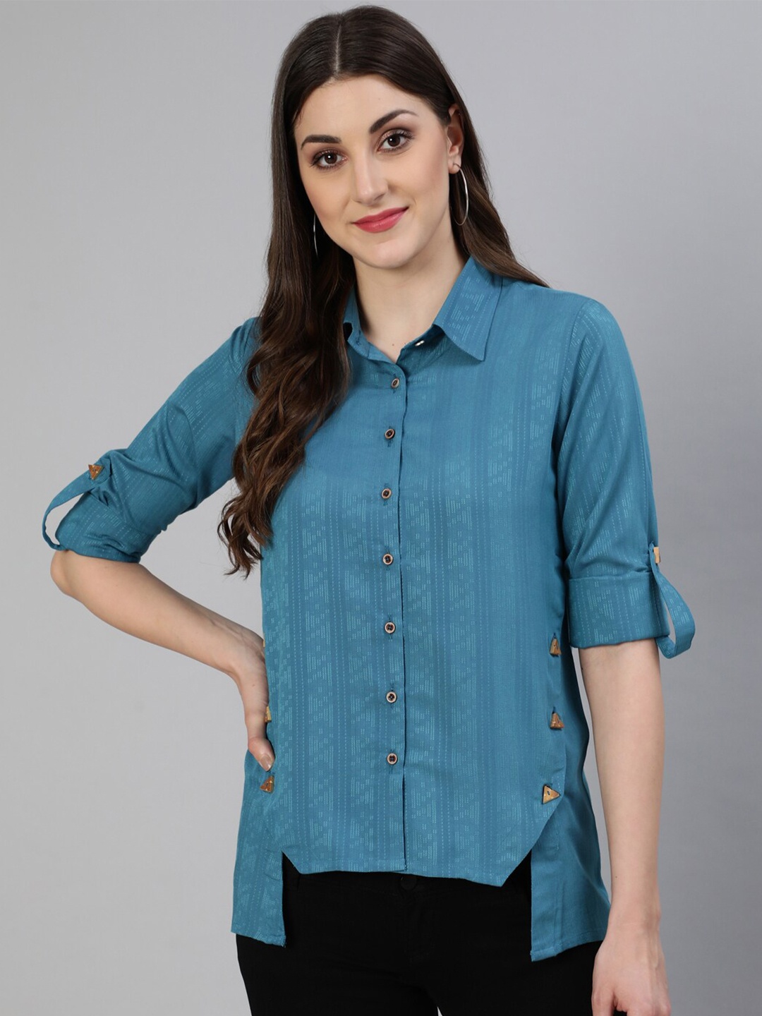 

Jaipur Kurti Women Blue Side Button Detailing Casual Shirt