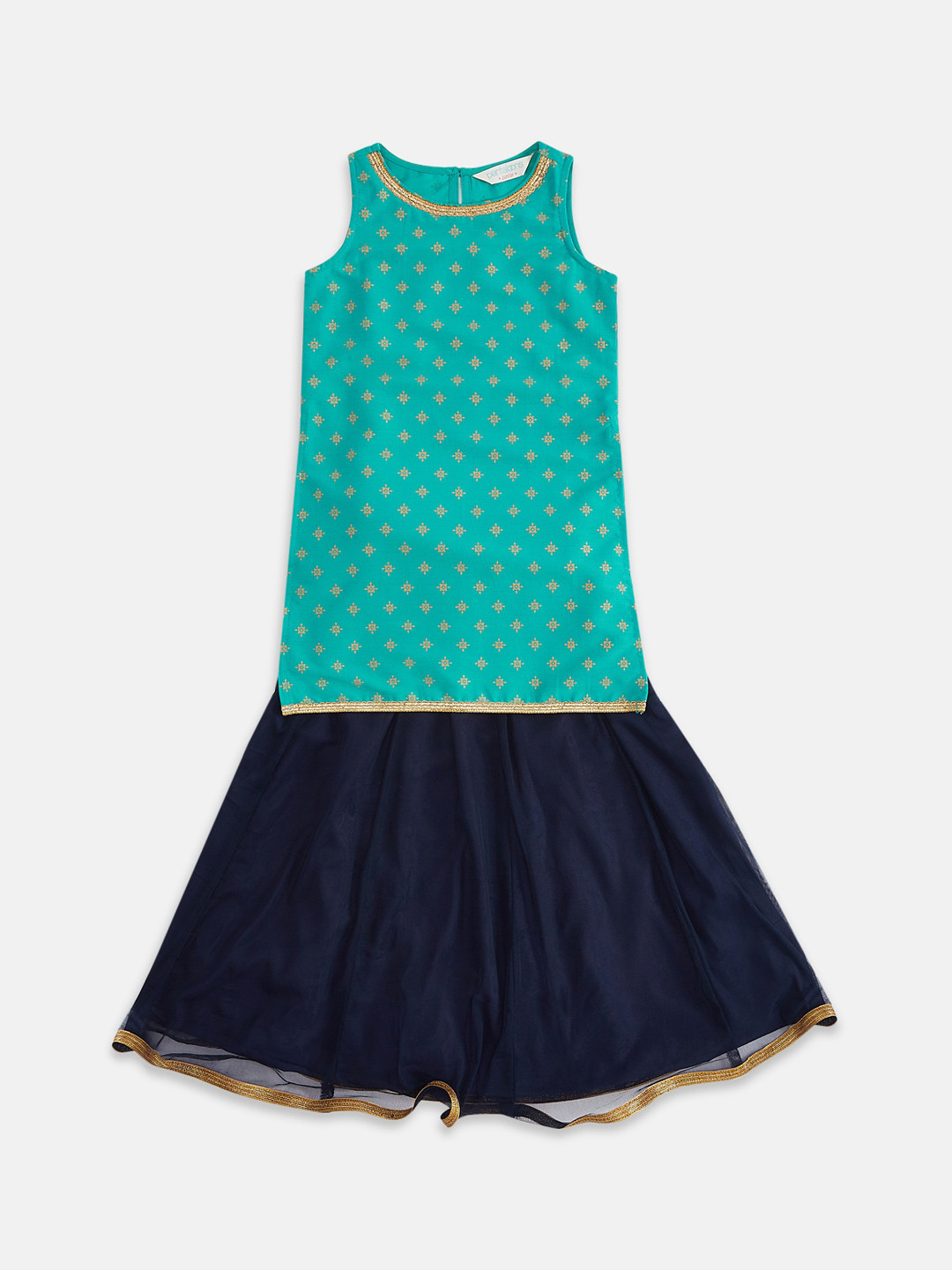 

AKKRITI BY PANTALOONS Girls Navy Blue & Green Printed Kurta & Skirt