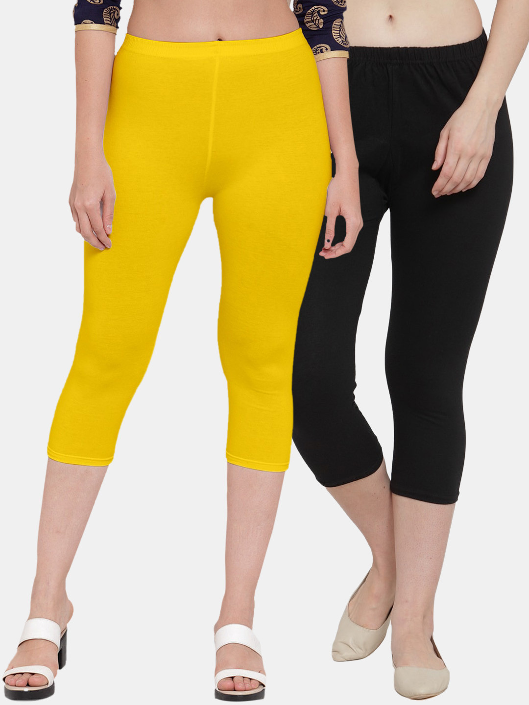 

Jinfo Women Pack Of 2 Black & Yellow Cotton Lycra Capris