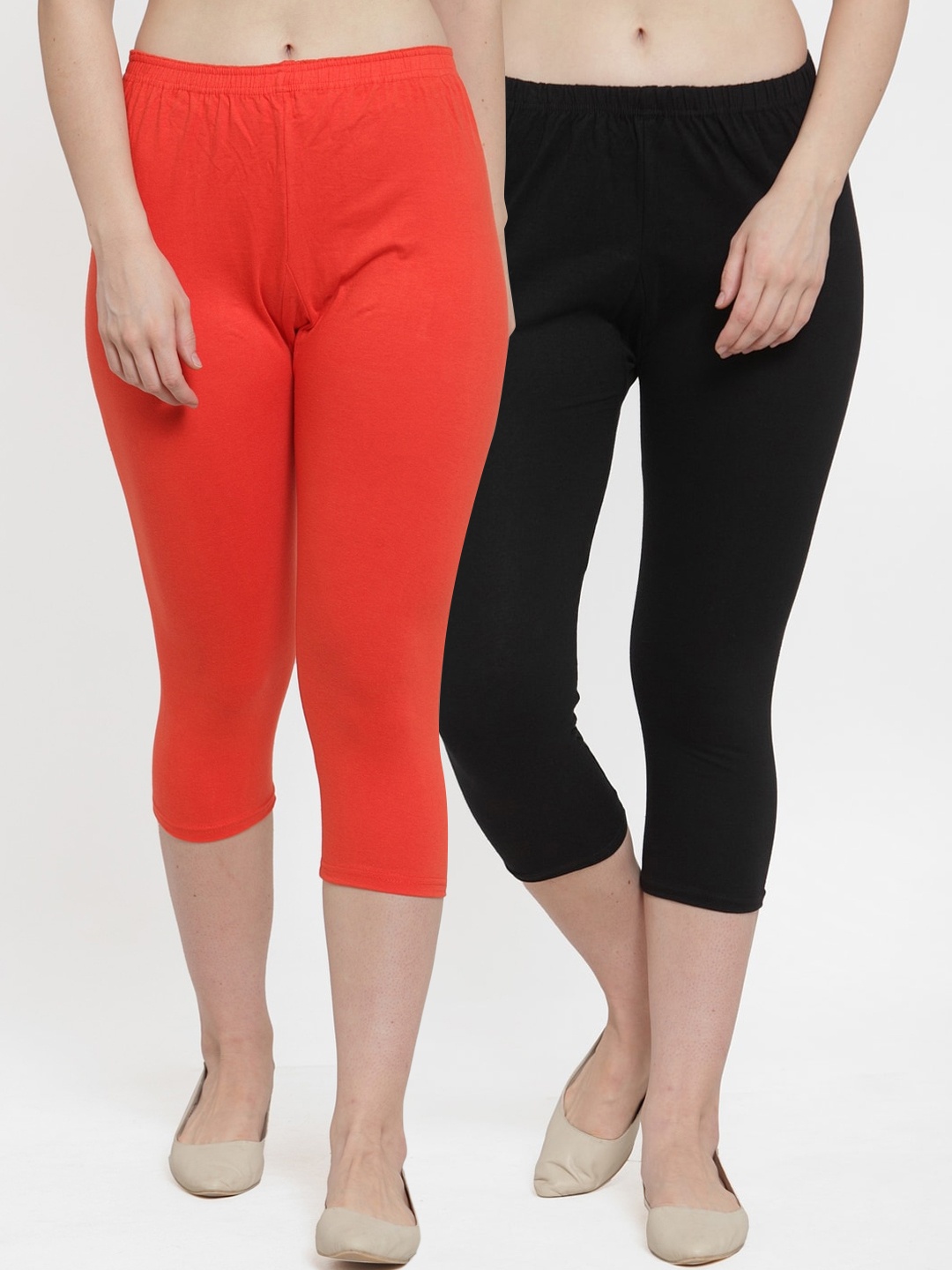 

Jinfo Women Pack Of 2 Black & Orange Cotton Lycra Capris