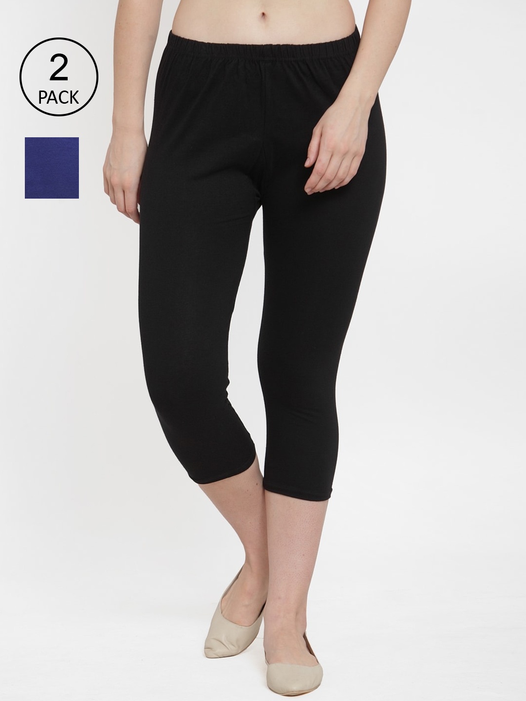 

Jinfo Women Pack of 2 Black & Blue Solid Cotton Capris