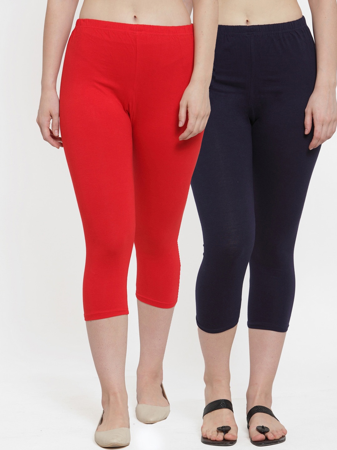 

Jinfo Women Pack Of 2 Red & Navy Blue Cotton Lycra Capris