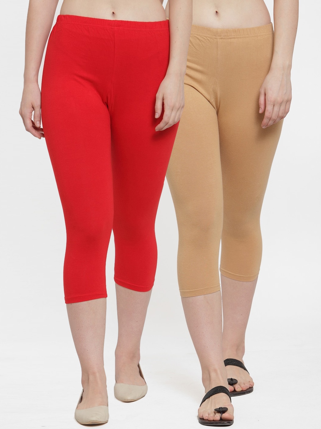 

Jinfo Women Pack Of 2 Red & Nude-Coloured Cotton Lycra Capris
