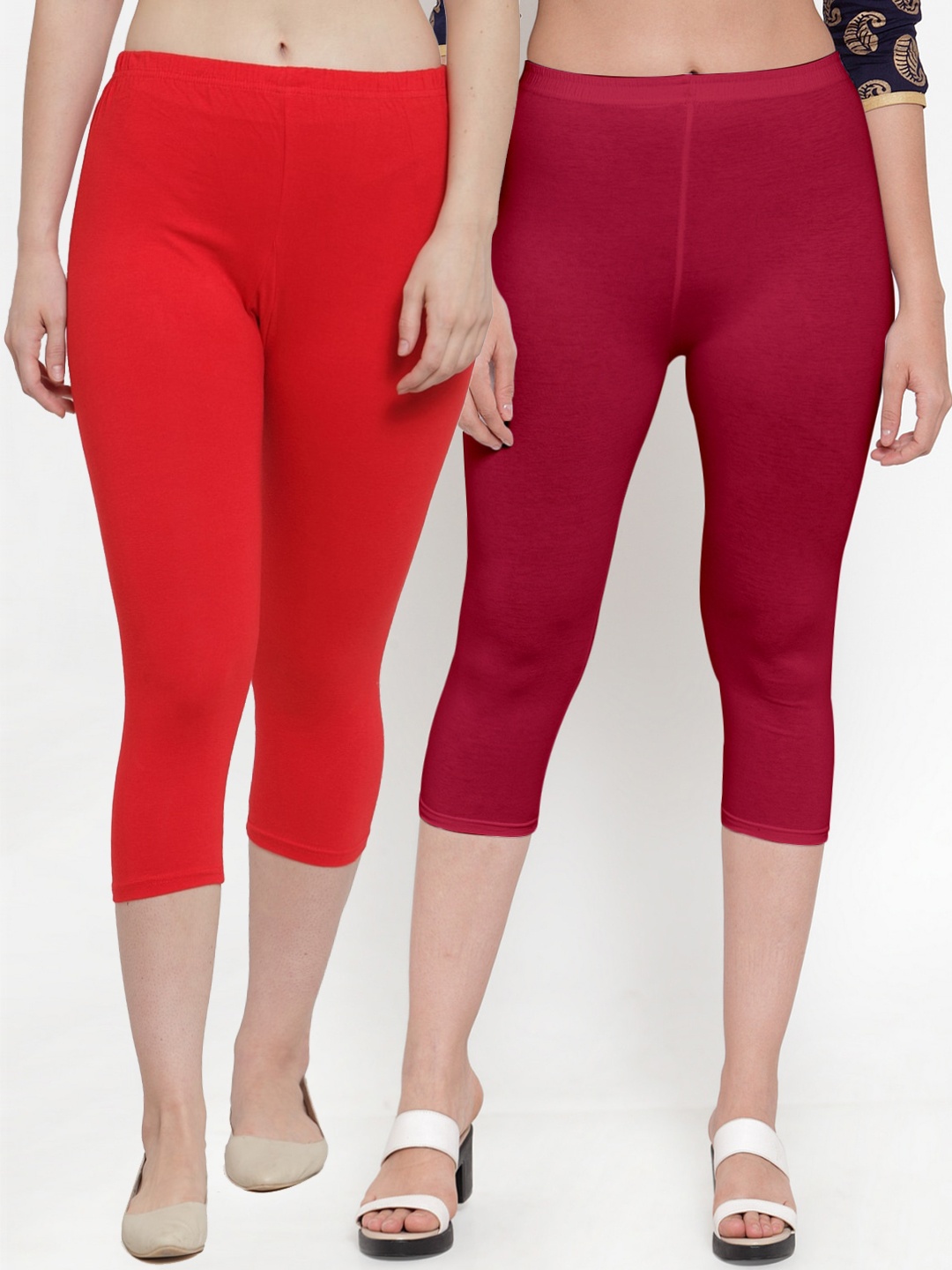 

Jinfo Women Pack of Maroon & Red Cotton Lycra Capris