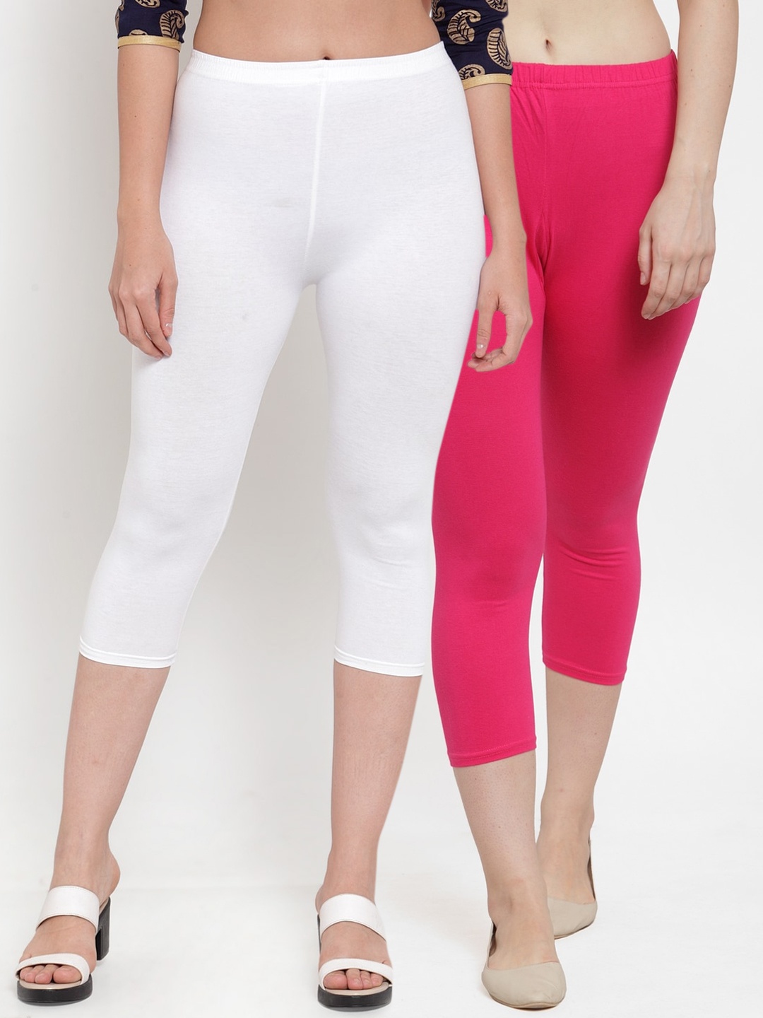 

Jinfo Women White & Pink Pack Of 2 Cotton Lycra Capris