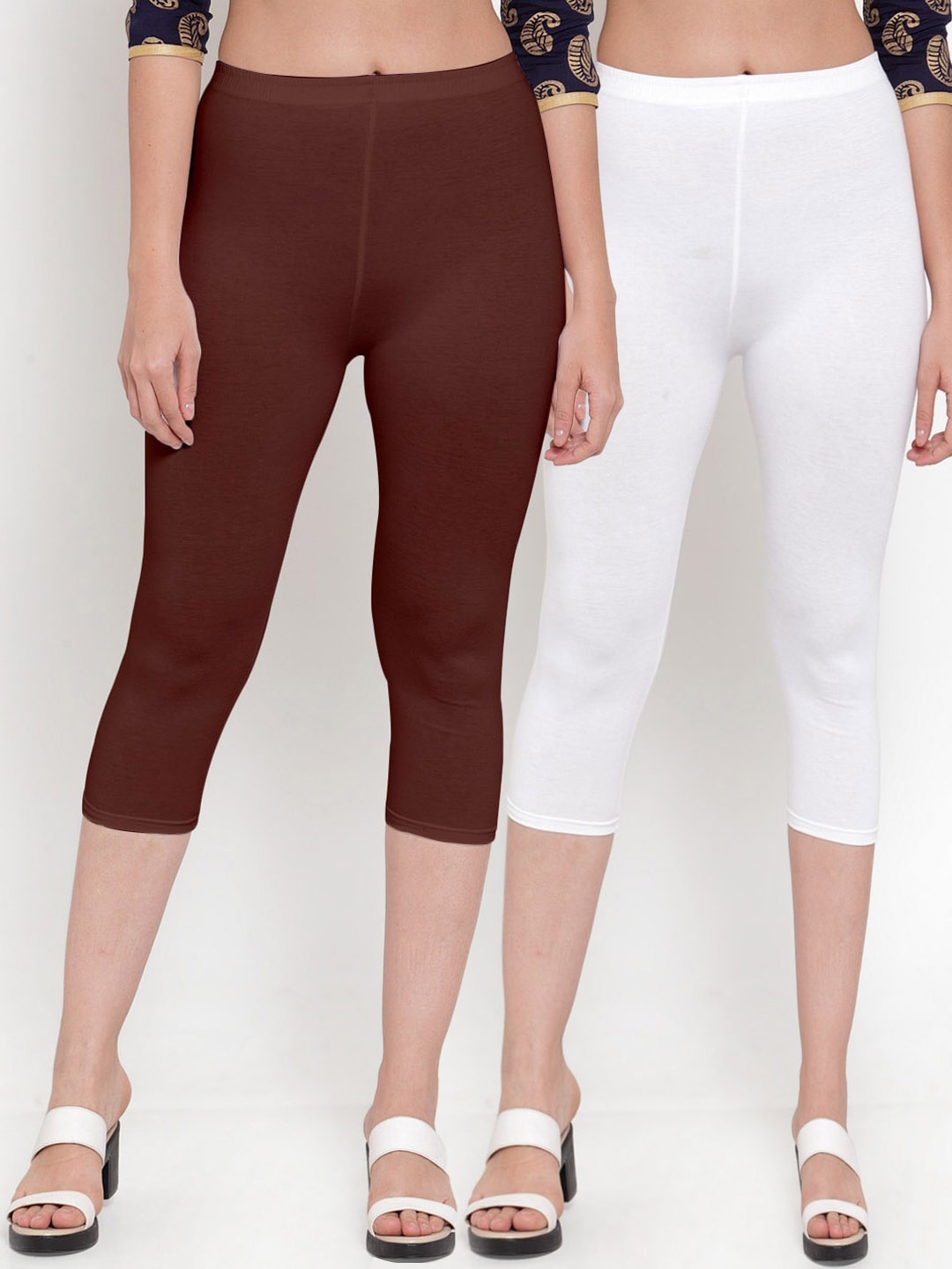 

Jinfo Women Pack Of 2 White & Brown Capris
