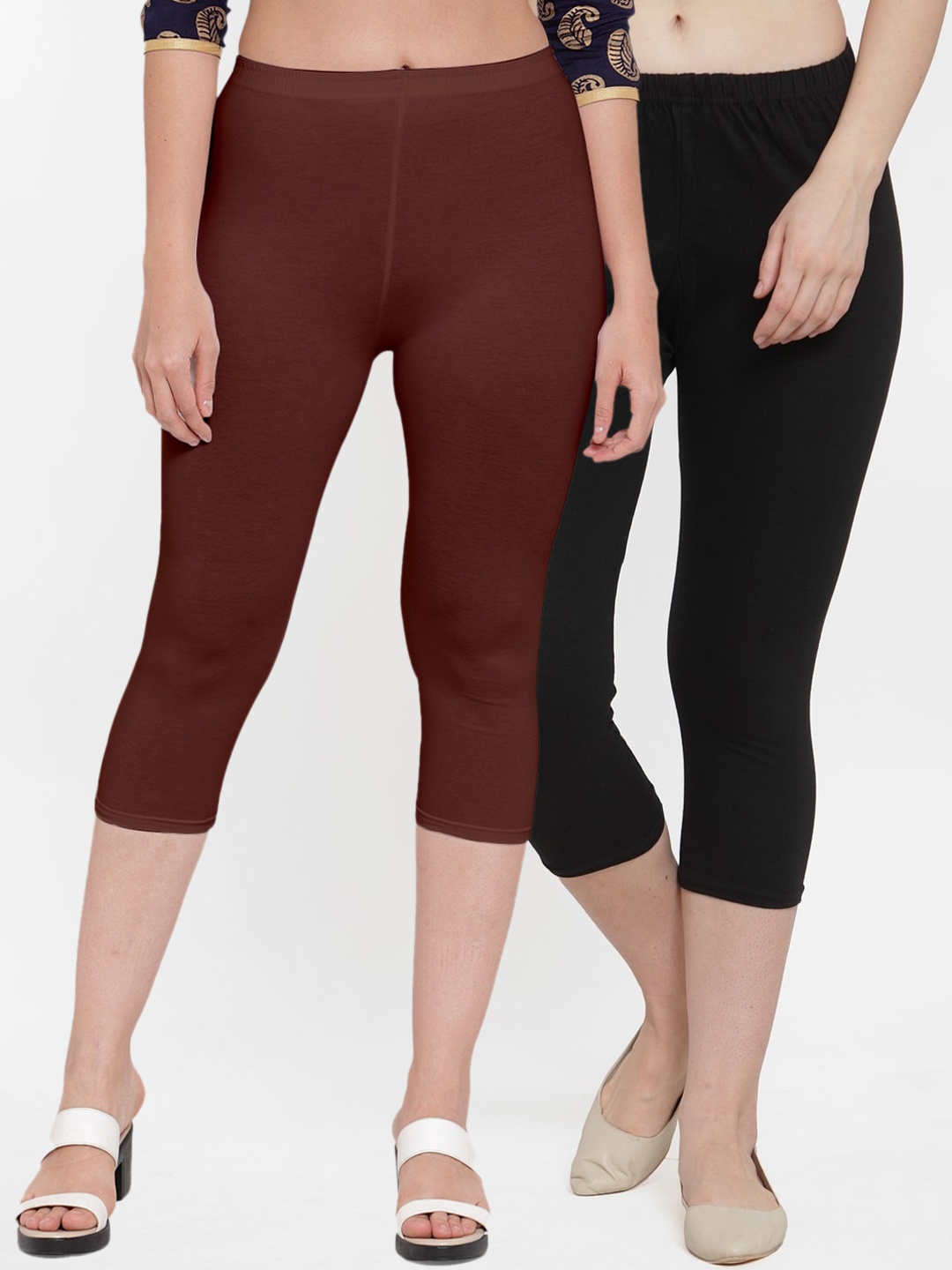 

Jinfo Women Pack of 2 Black & Brown Capris