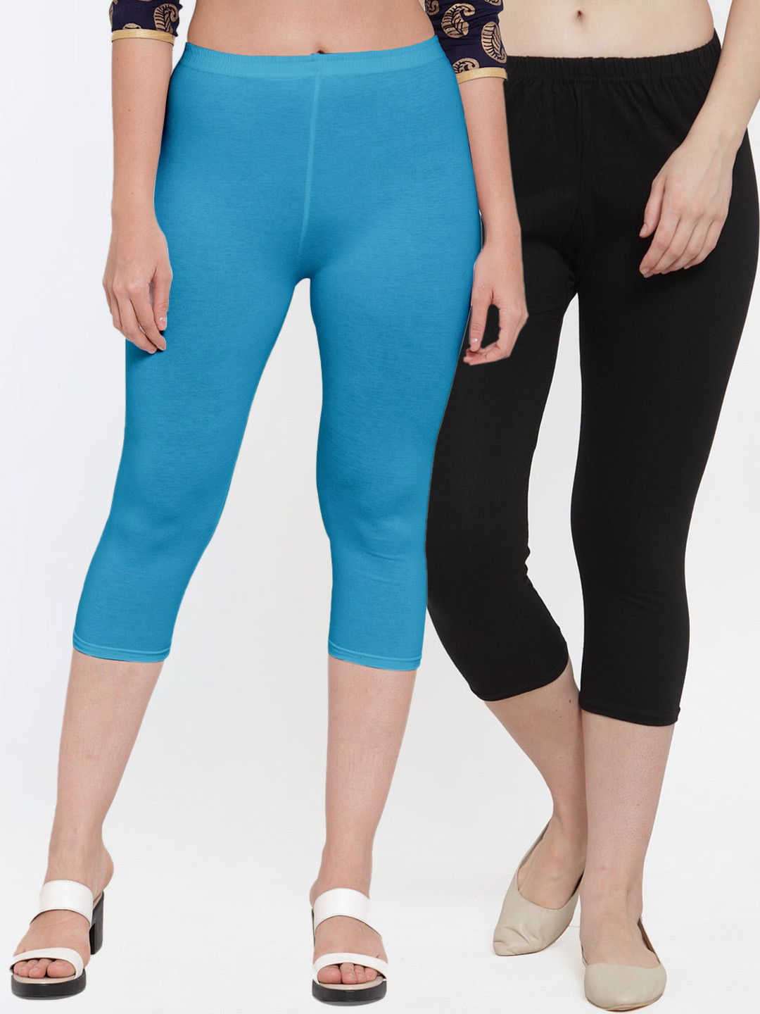 

Jinfo Women Pack of 2 Black & Blue Capris