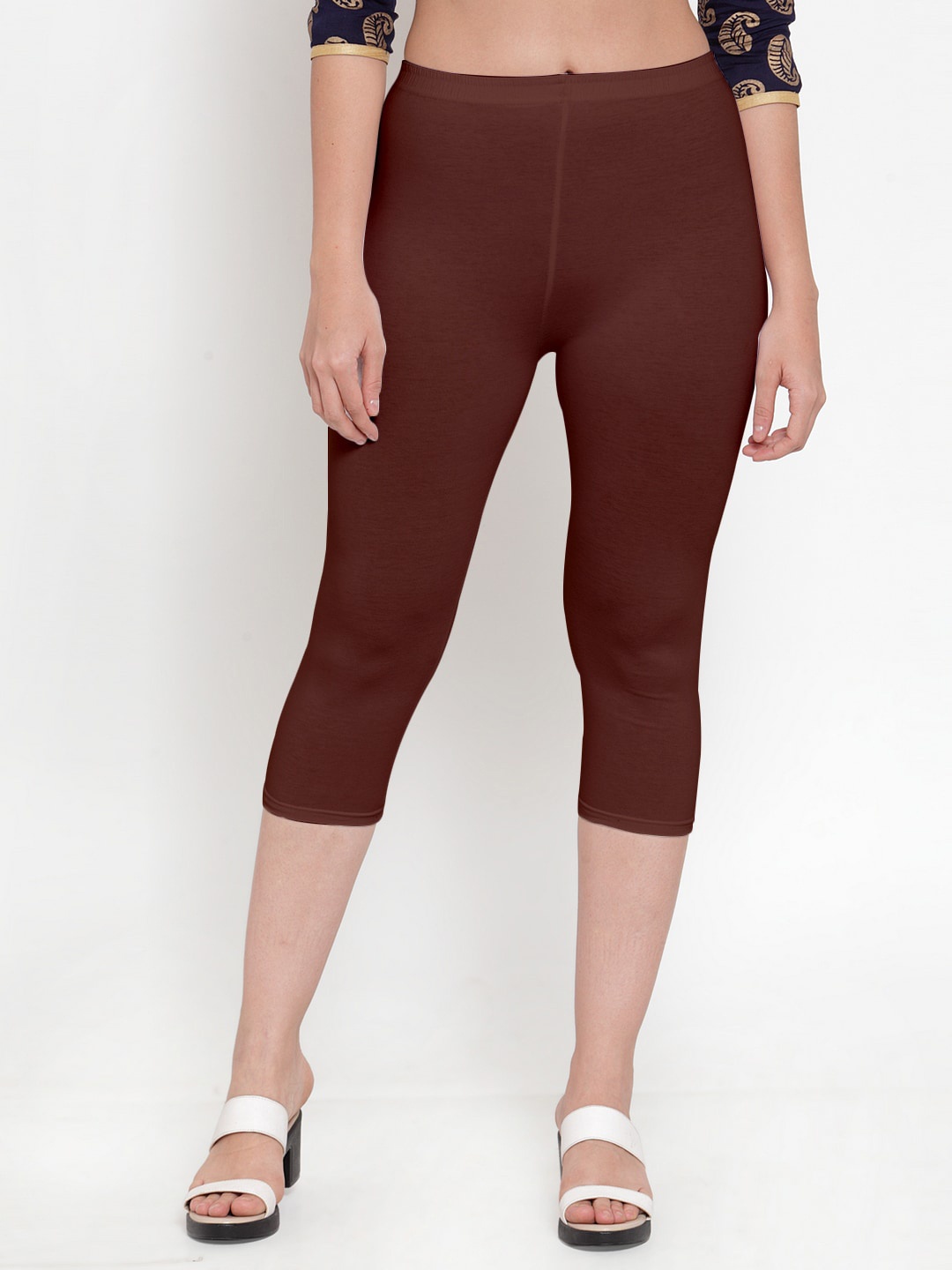 

Jinfo Women Brown Cotton Lycra Capris