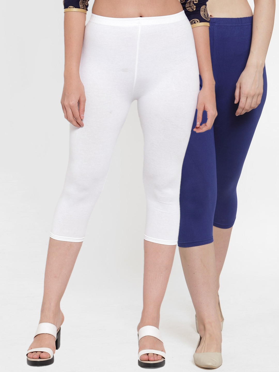 

Jinfo Women Set Of 2 White & Blue Solid Capris