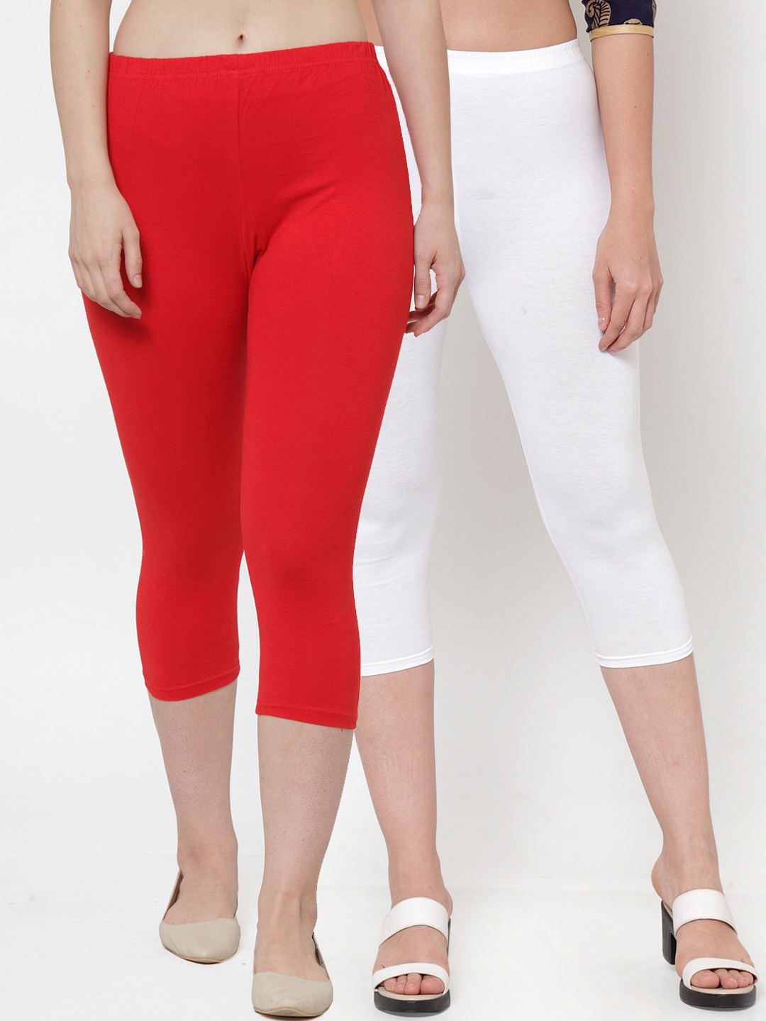 

Jinfo Women Pack Of 2 White & Red Cotton Lycra Capris