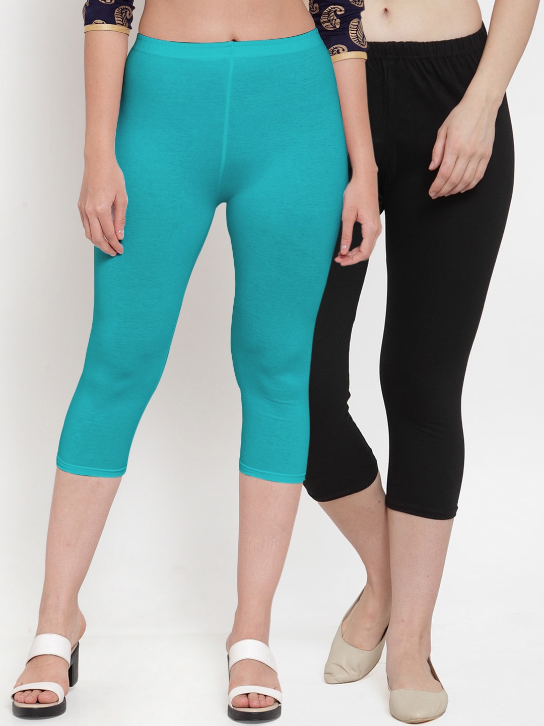 

Jinfo Women Black Aqua Super Combo Cotton Lycra Capri