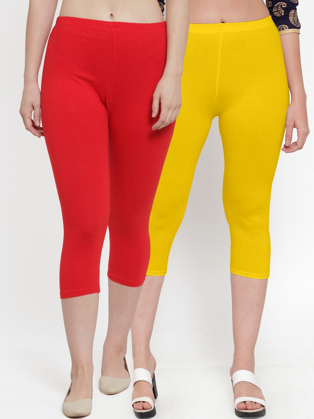 

Jinfo Women Pack of 2 Red & Yellow Solid Capris