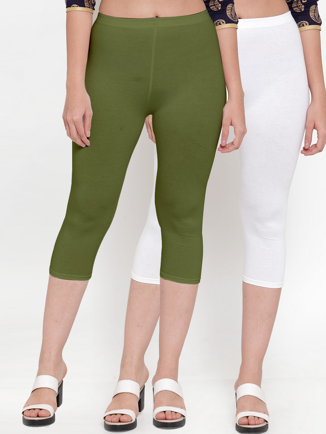 

Jinfo Women White & Olive Green Capris
