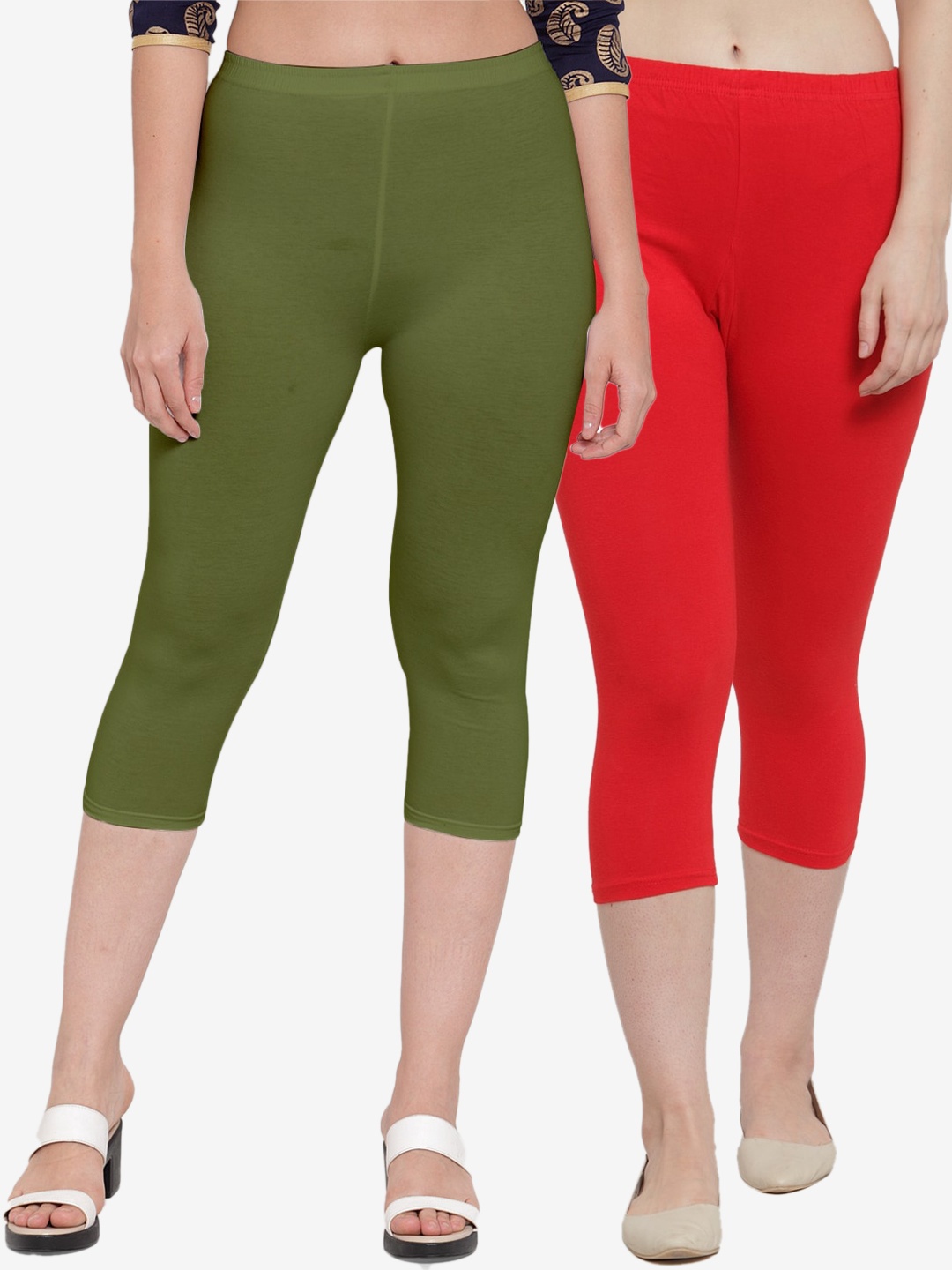 

Jinfo Pack of 2 Women Red & Green Capris