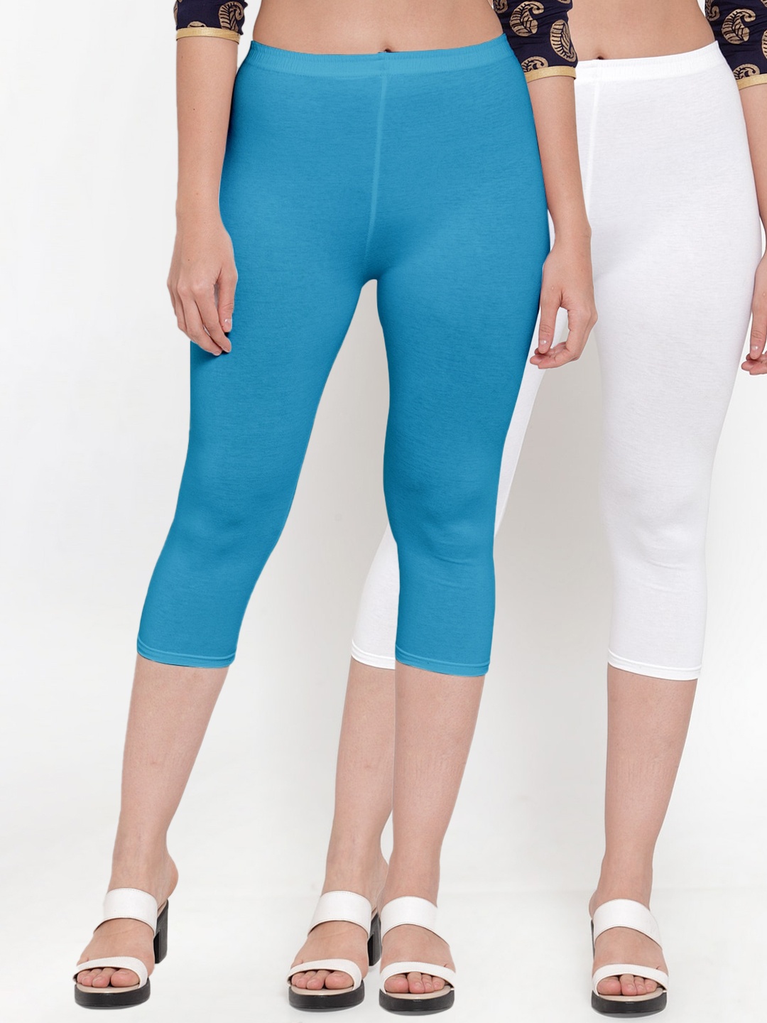 

Jinfo Women White & Blue Capris