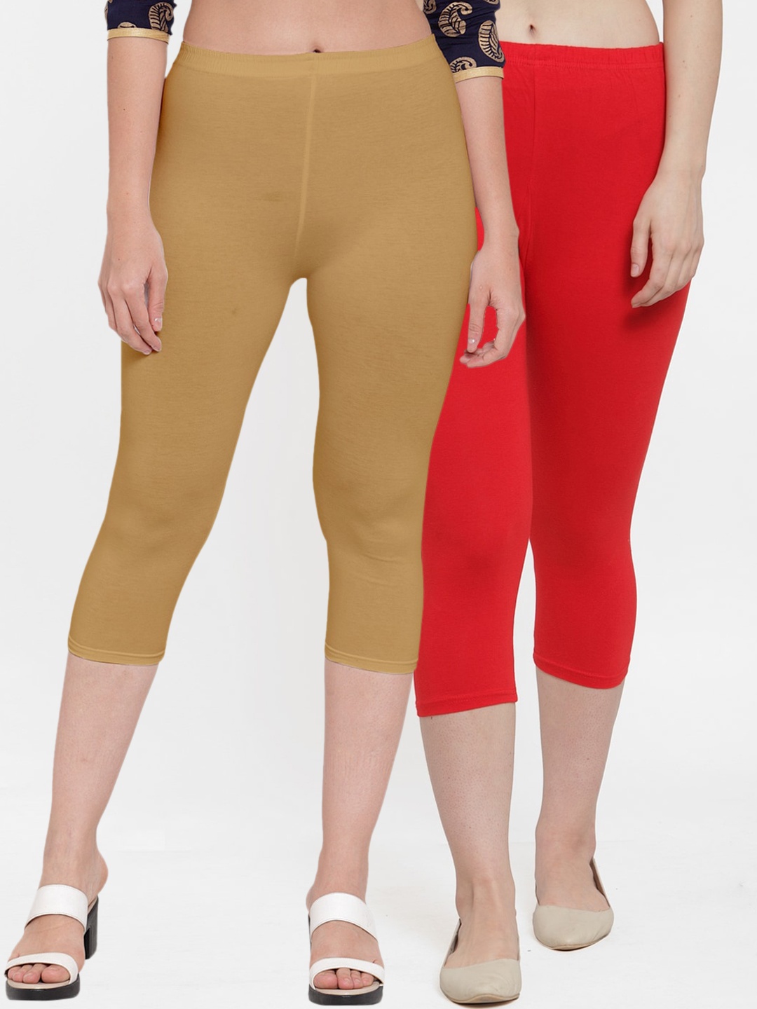 

Jinfo Women Red & Beige Set Of 2 Solid Slim Fit Capris