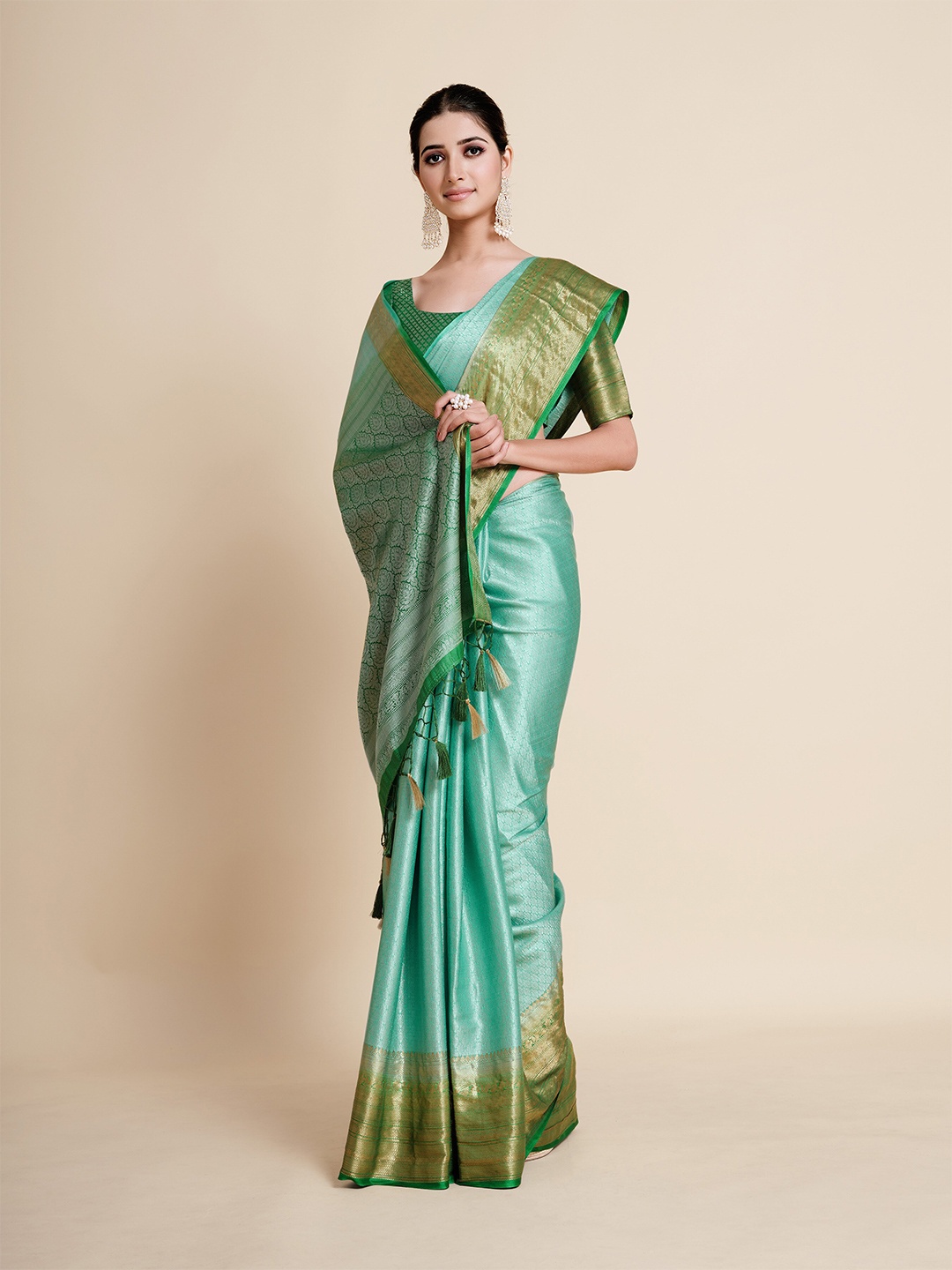

MIMOSA Turquoise Blue & Gold-Toned Floral Zari Art Silk Kanjeevaram Saree