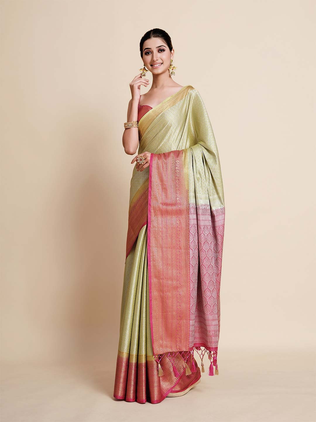 

MIMOSA Lime Green & Pink Ethnic Motifs Zari Art Silk Kanjeevaram Saree