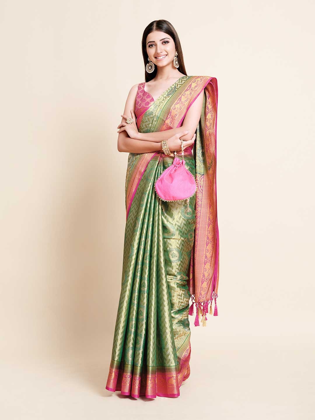 

MIMOSA Green & Pink Woven Design Zari Art Silk Kanjeevaram Saree