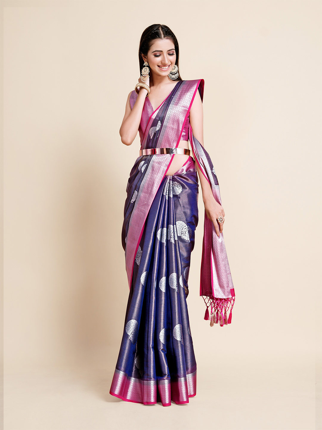 

MIMOSA Navy Blue & Pink Floral Zari Art Silk Kanjeevaram Saree