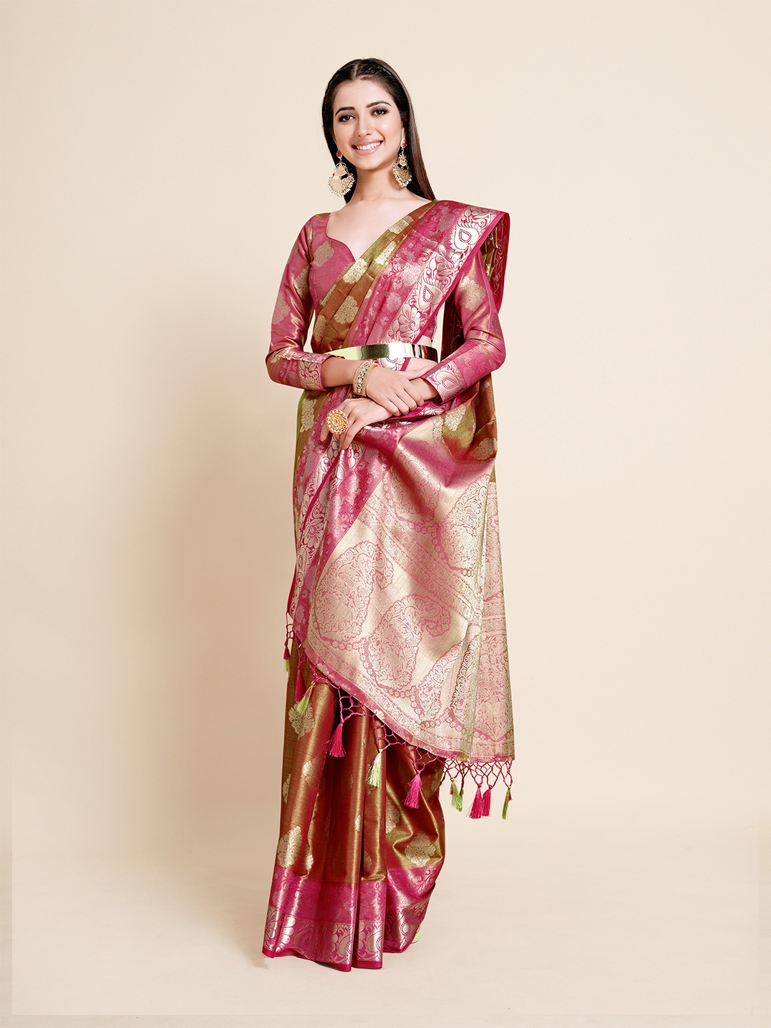 

MIMOSA Pink & Green Zari Woven Design Art Silk Kanjeevaram Saree