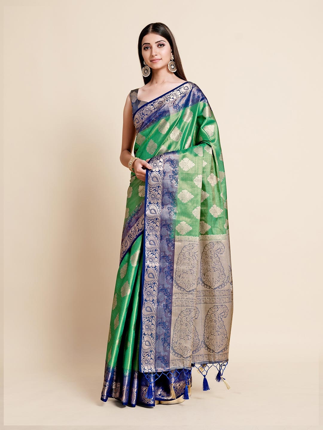 

MIMOSA Green & Blue Floral Zari Art Silk Kanjeevaram Saree