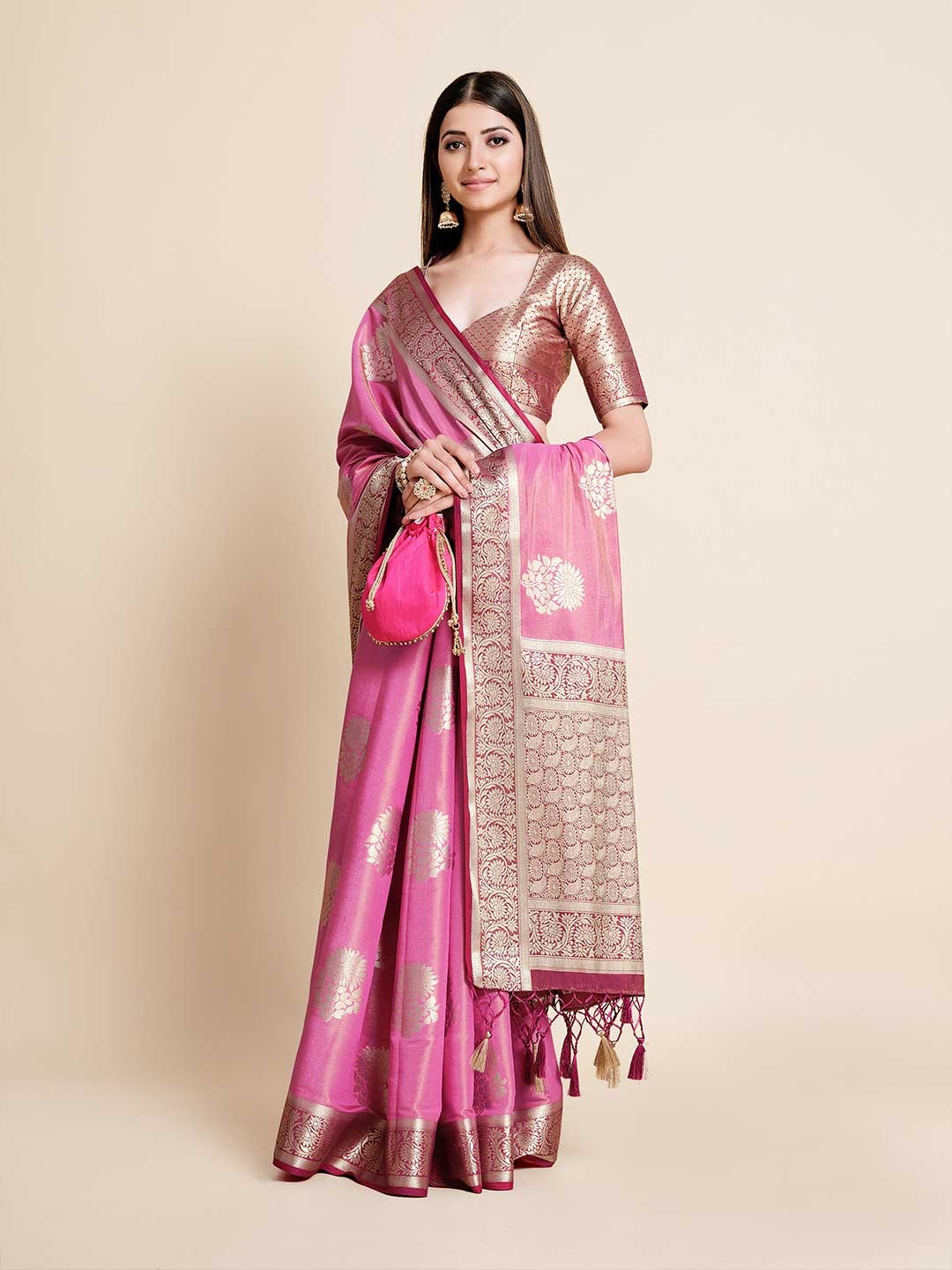 

MIMOSA Pink & Gold-Toned Floral Zari Art Silk Kanjeevaram Saree