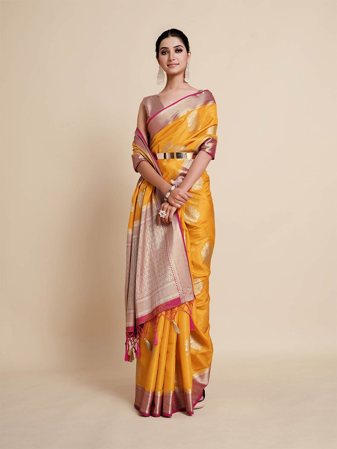 

MIMOSA Mustard & Pink Floral Zari Art Silk Kanjeevaram Saree