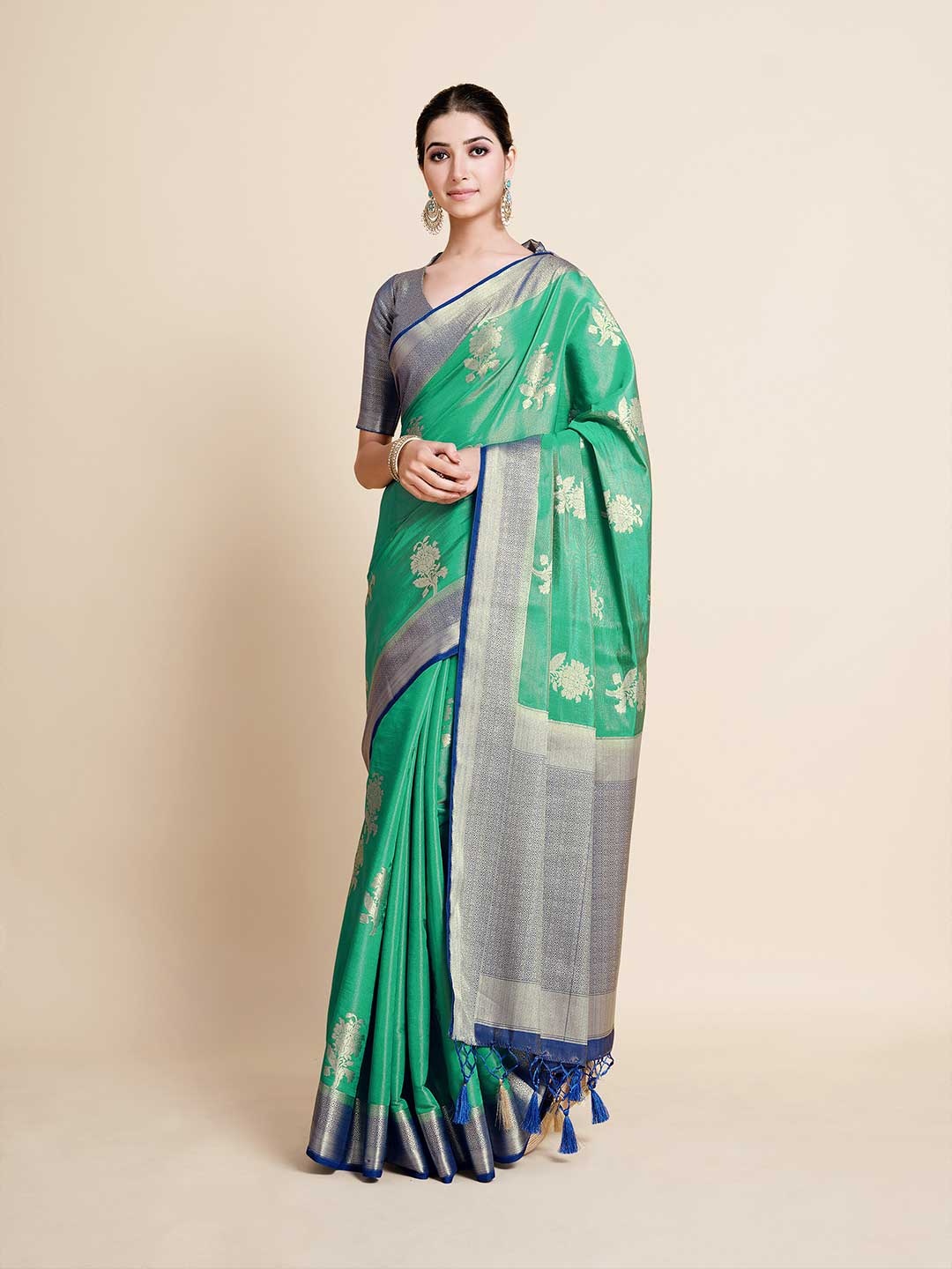 

MIMOSA Women Teal & Blue Floral Zari Art Silk Kanjeevaram Saree