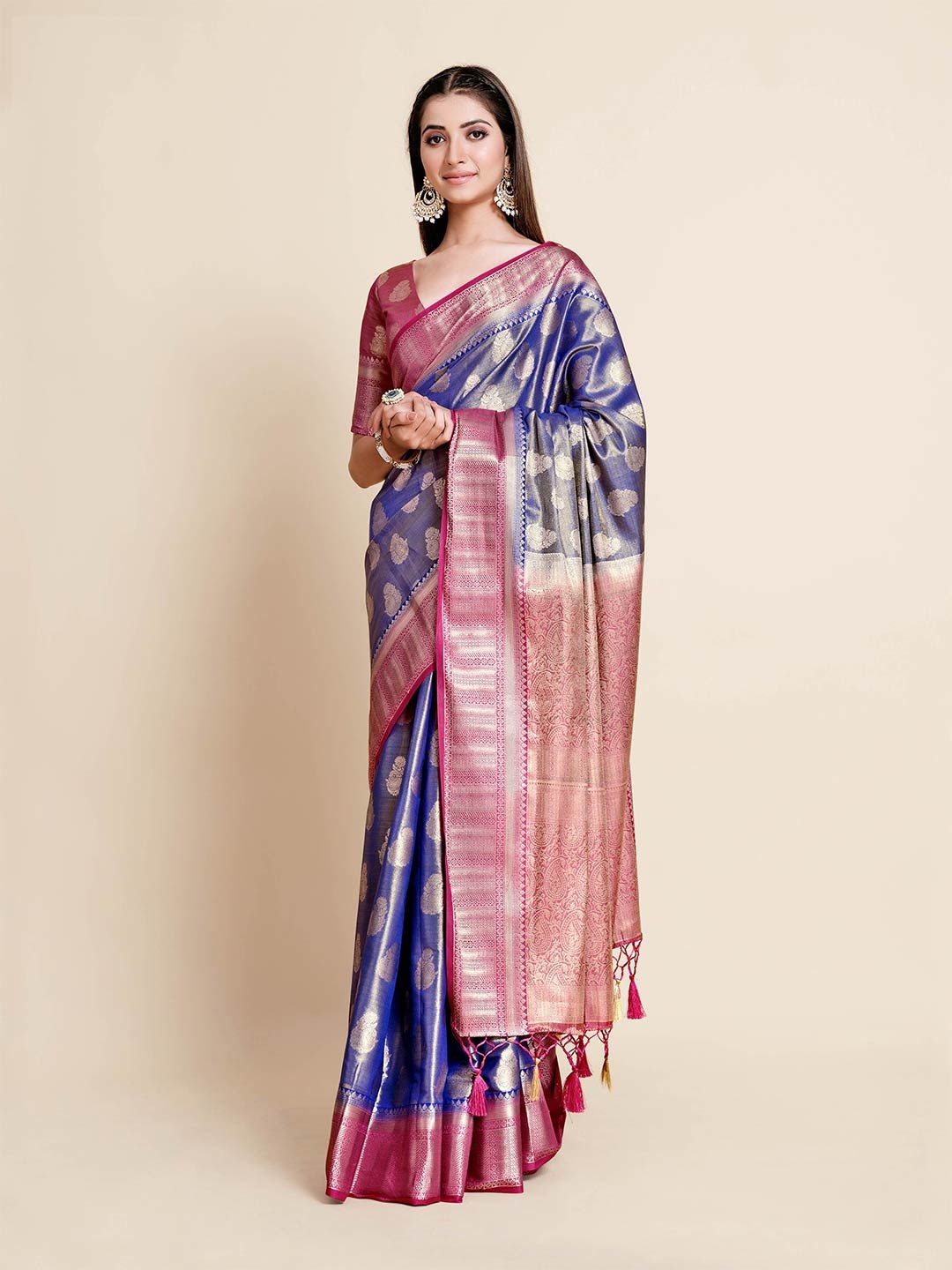 

MIMOSA Blue & Pink Paisley Zari Art Silk Kanjeevaram Saree