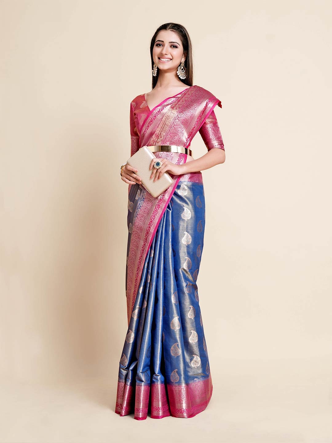 

MIMOSA Blue & Pink Floral Zari Art Silk Kanjeevaram Saree With Blouse
