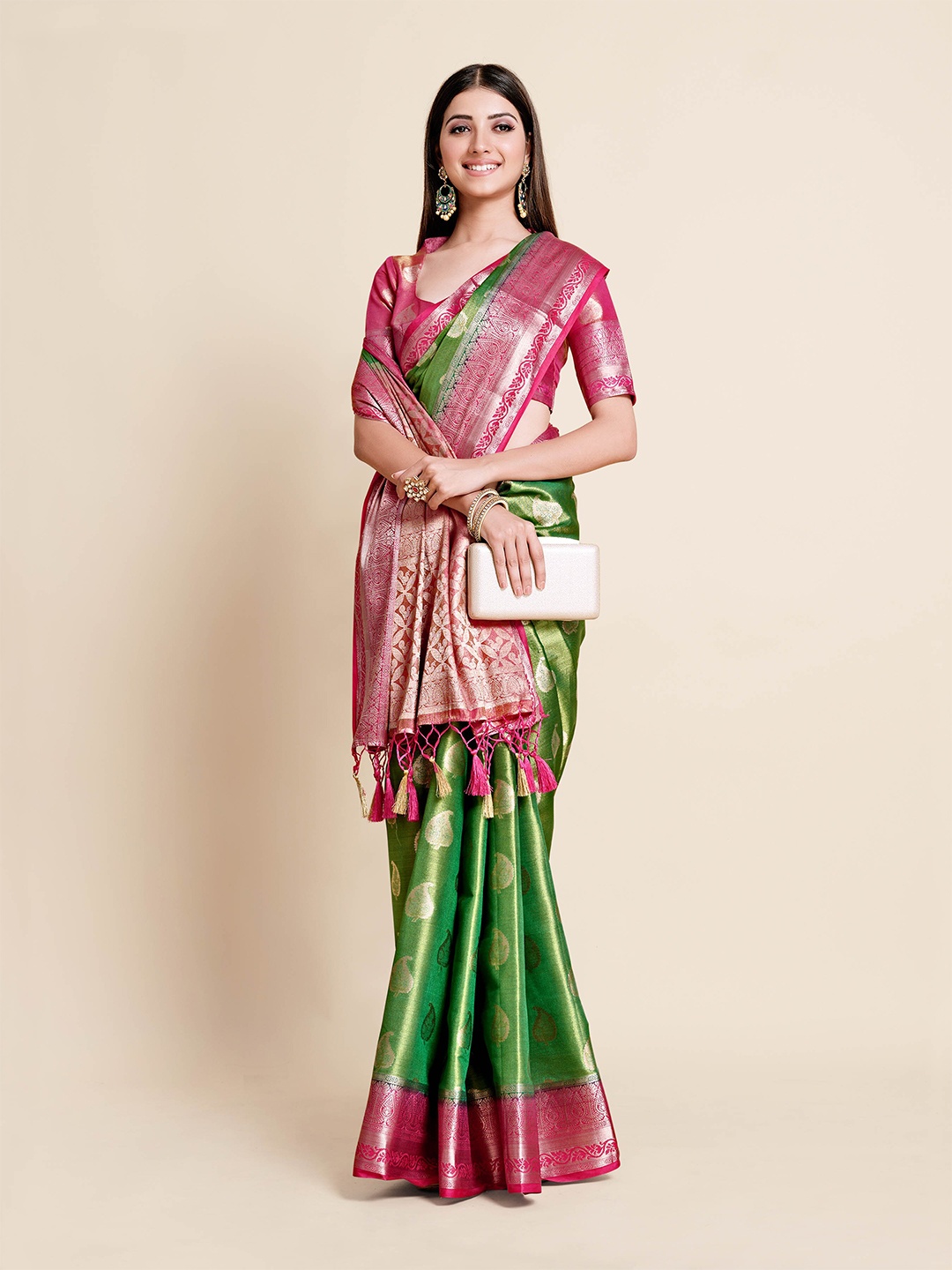

MIMOSA Green & Pink Ethnic Motifs Zari Art Silk Kanjeevaram Saree