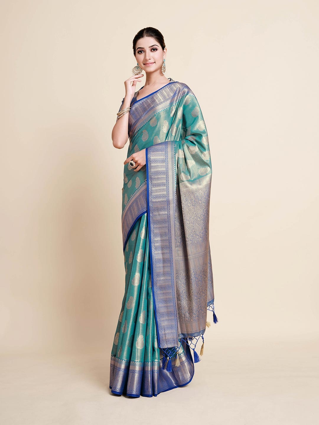 

MIMOSA Turquoise Blue & Gold-Toned Paisley Zari Art Silk Kanjeevaram Saree