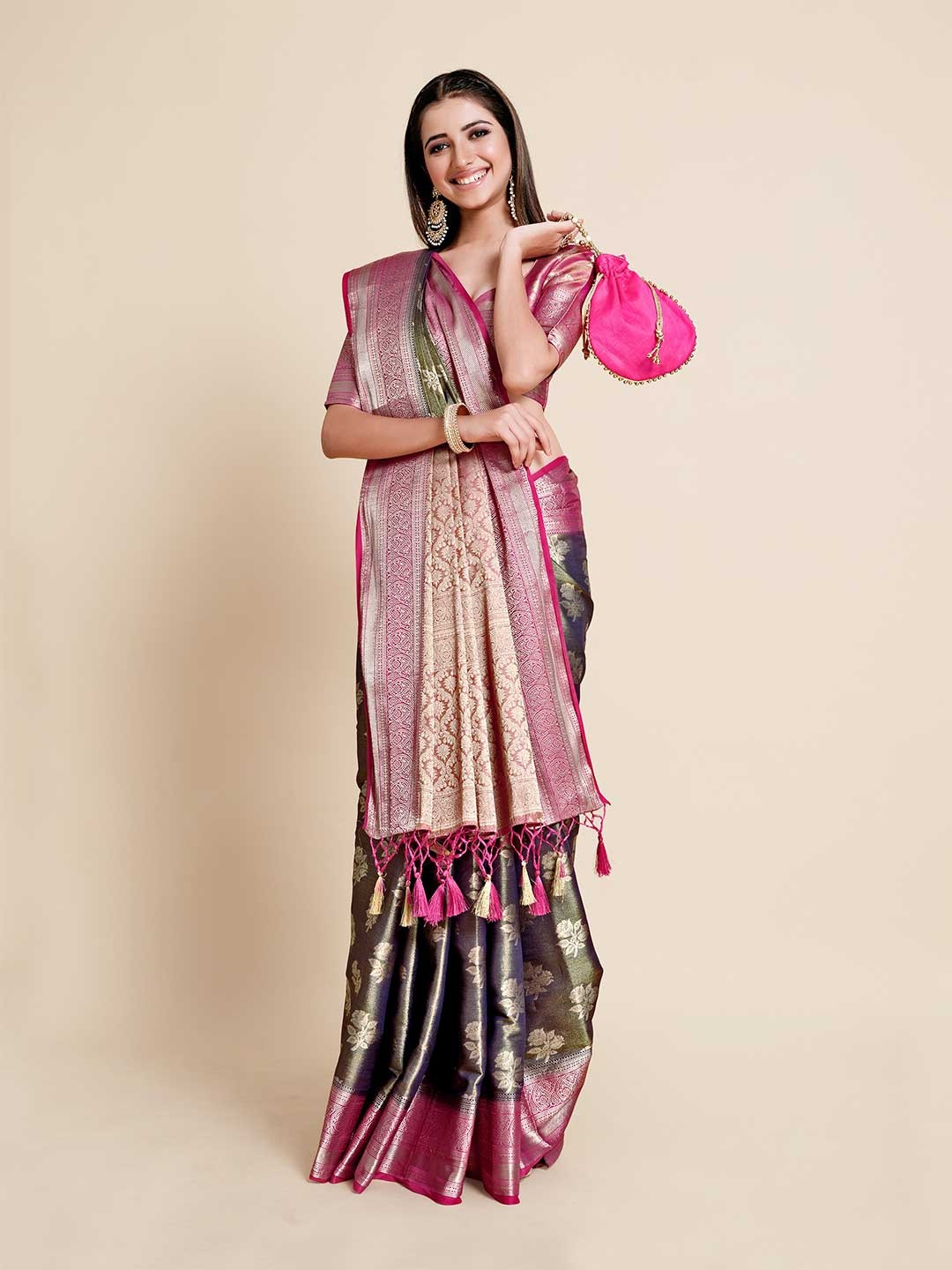 

MIMOSA Pink & Green Floral Zari Art Silk Kanjeevaram Saree