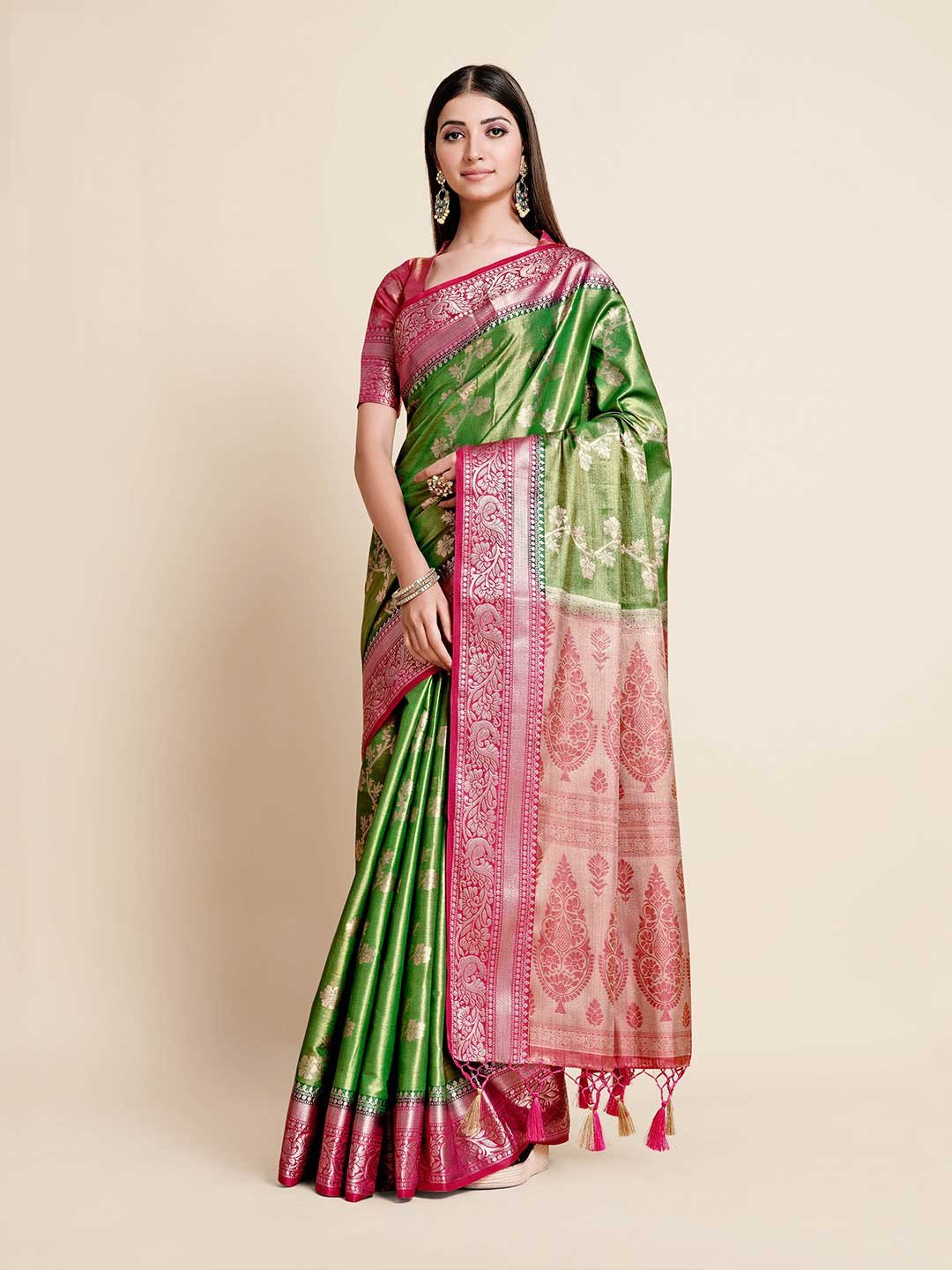 

MIMOSA Green & Pink Floral Zari Art Silk Kanjeevaram Saree
