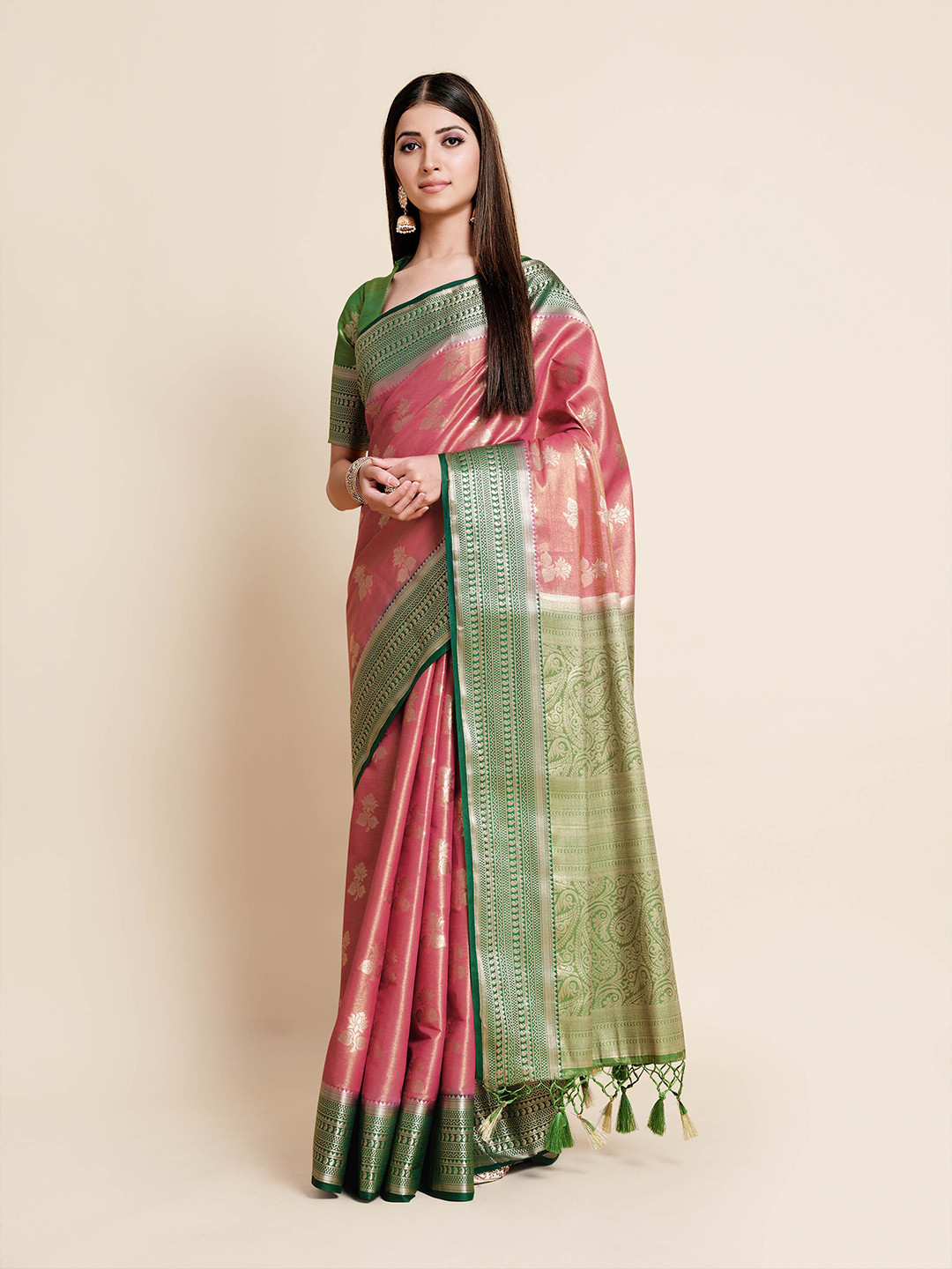

MIMOSA Pink & Green Floral Zari Art Silk Kanjeevaram Saree