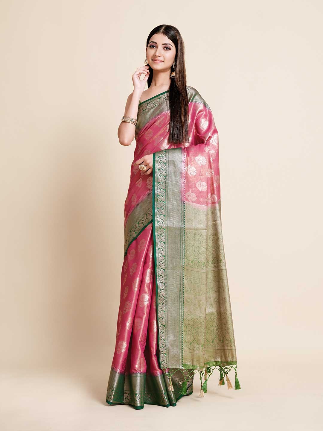 

MIMOSA Pink & Green Floral Zari Art Silk Kanjeevaram Saree