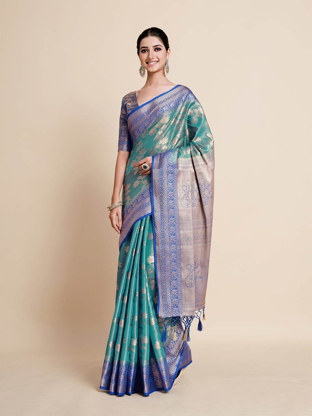 

MIMOSA Turquoise Blue & Gold-Toned Floral Zari Art Silk Kanjeevaram Saree