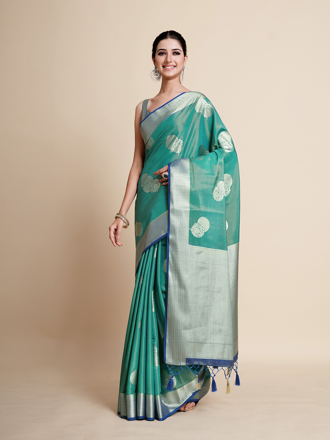 

MIMOSA Turquoise Blue & Silver-Toned Woven Design Zari Art Silk Kanjeevaram Saree