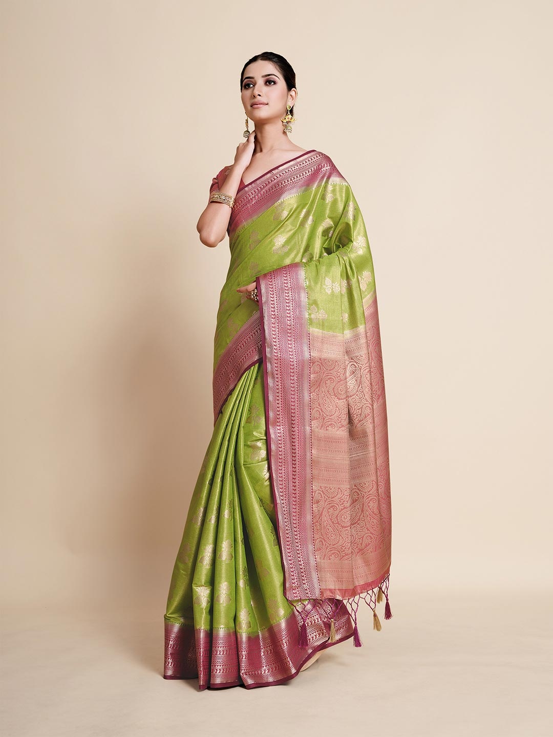 

MIMOSA Lime Green & Pink Floral Zari Art Silk Kanjeevaram Saree