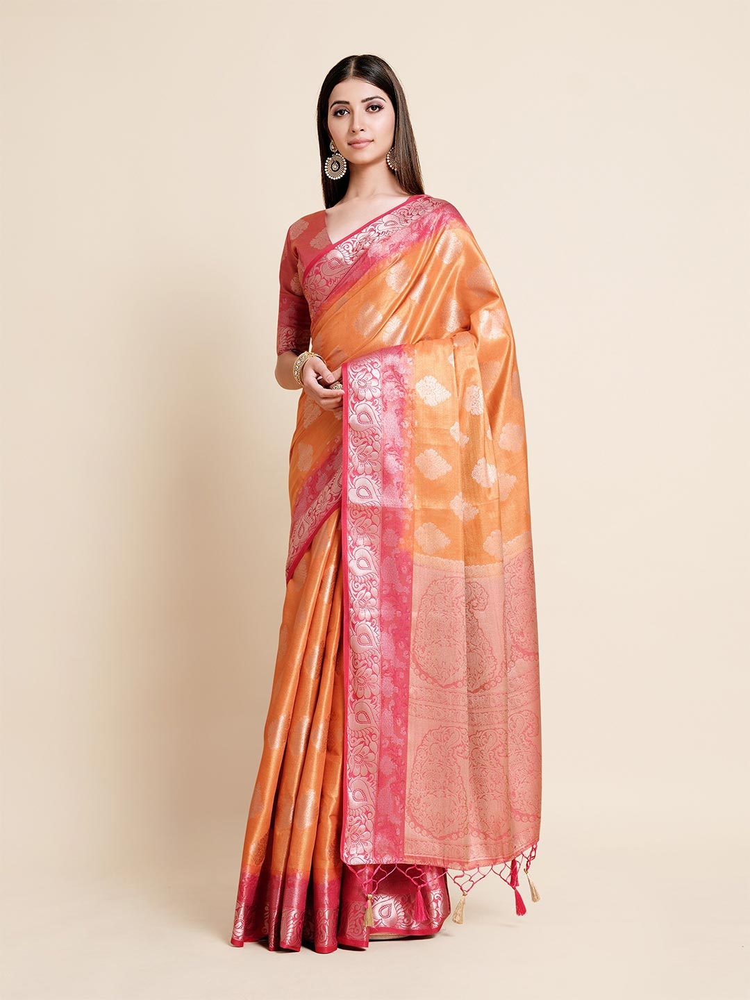 

MIMOSA Orange & Pink Floral Zari Art Silk Kanjeevaram Saree