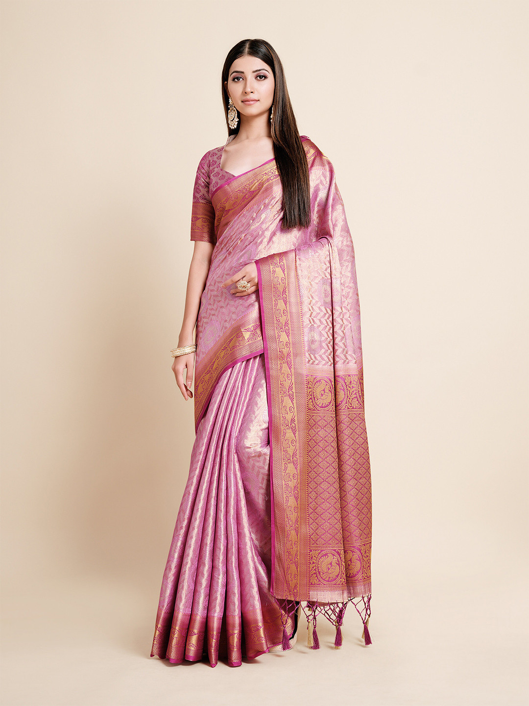 

MIMOSA Women Pink & Gold-Toned Floral Zari Art Silk Kanjeevaram Saree