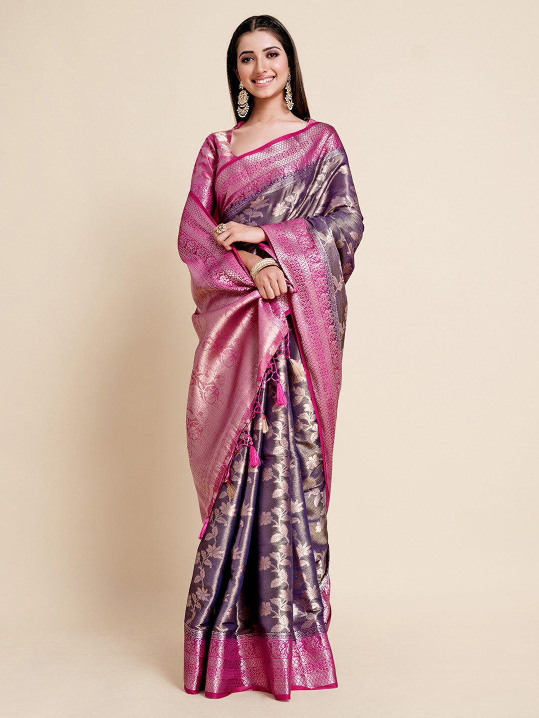 

MIMOSA Navy Blue & Pink Floral Zari Art Silk Kanjeevaram Saree