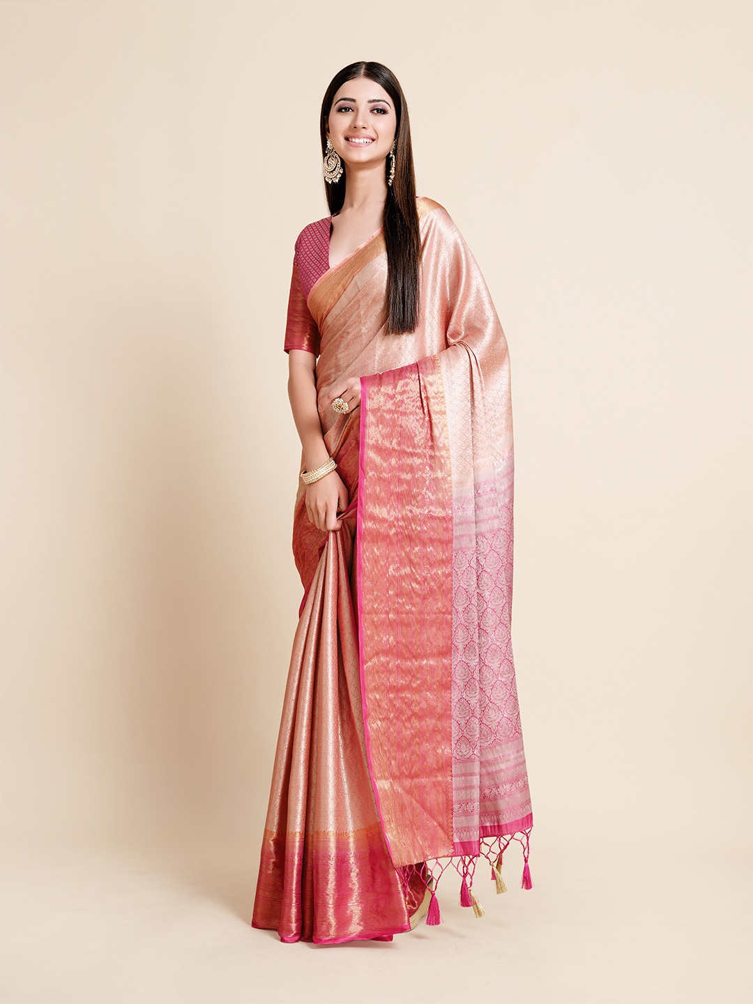 

MIMOSA Peach-Coloured & Gold-Toned Floral Zari Art Silk Kanjeevaram Vaidavalli Saree