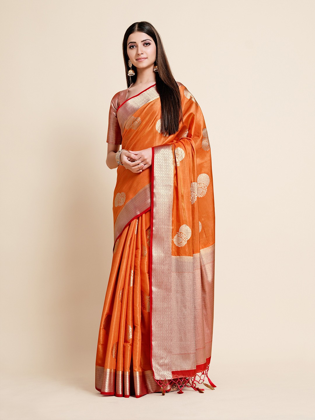 

MIMOSA Orange Ethnic motifs Woven and Zari Art Silk Kanjeevaram Saree